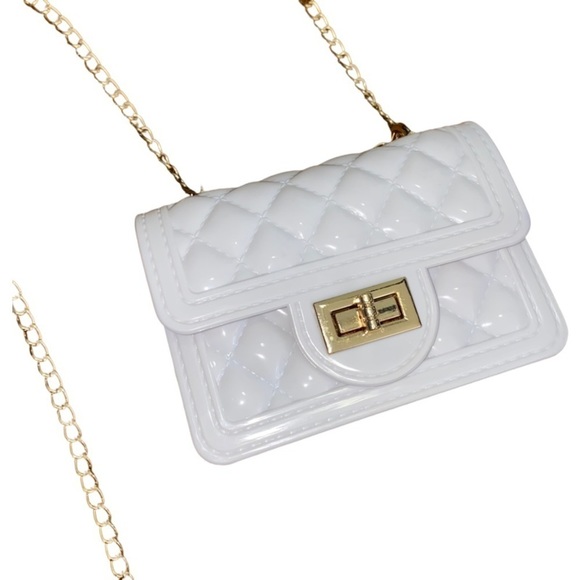WHITE Quilted Twist Lock Flap Square Bag, Chain Strap Crossbody Bag XS - Picture 3 of 6